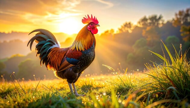 Rooster Crowing at Sunrise - A Vibrant Farm Scene.