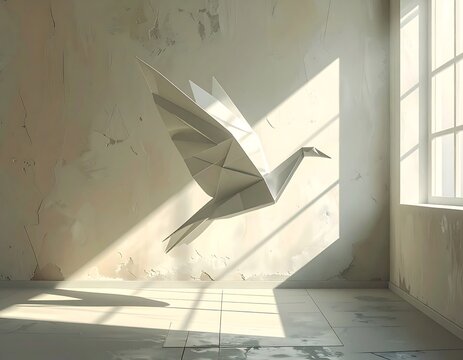 A pristine origami bird floats against a textured, sunlit wall within a softly lit room, bathed in a gentle afternoon glow