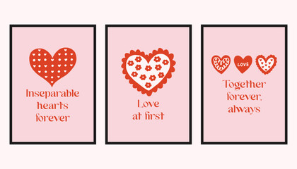 Vector set of romantic cards with decorative hearts and handwritten love quotes. Cute Valentine designs in soft pink and red, perfect for greeting cards, prints, and gifts.