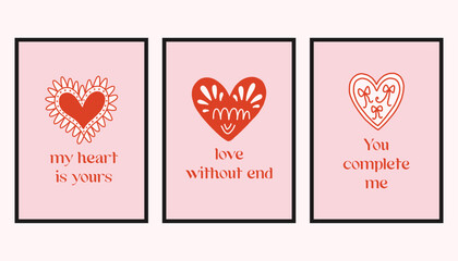 Vector set of romantic cards with decorative hearts and handwritten love quotes. Cute Valentine designs in soft pink and red, perfect for greeting cards, prints, and gifts.