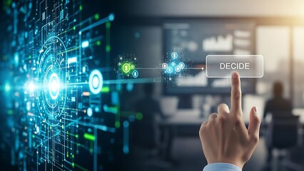 Businessman interacting with futuristic digital interface to make a decision
