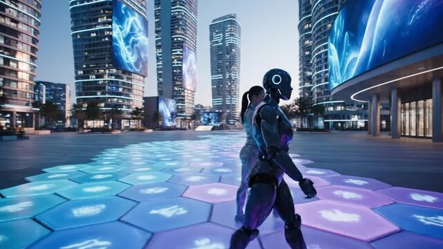 Ai generated futuristic dance event urban cityscape digital art installation evening dynamic interaction with generative ai