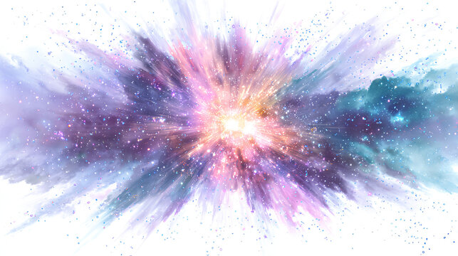 Cosmic nova explosion with iridescent colours and radiant light creating astral glow, celestial galaxy burst sparkles on a white background