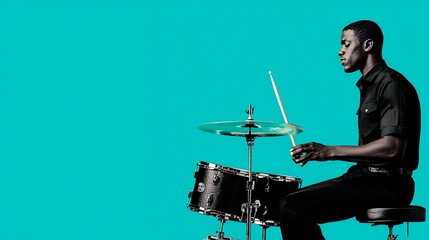 Male Drummer Performing on Teal Background