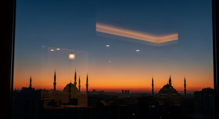 A serene cityscape at dusk viewed through a window reflection with a prominent mosque silhouette