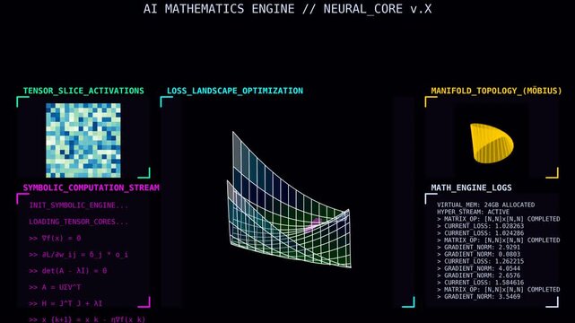 Futuristic AI Mathematics Engine HUD with Neural Core Interface, Loss Landscape Optimization Surface, Tensor Slice Activations, Symbolic Computation Stream and Manifold Topology Visualization