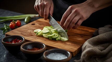 Hands chopping fresh cucumber on a wooden cutting board with spices in bowls