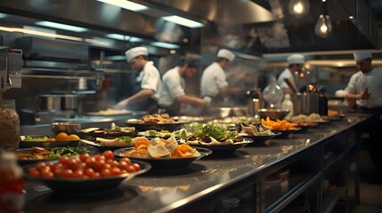 Bustling professional kitchen with chefs diligently preparing and plating a diverse array of gourmet dishes, showcasing culinary expertise and efficient teamwork during peak service