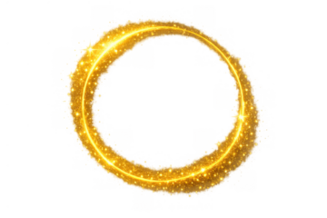 Golden glittering circle creating a sparkling dust frame, an abstract flowing light trail with magic particles on transparent background