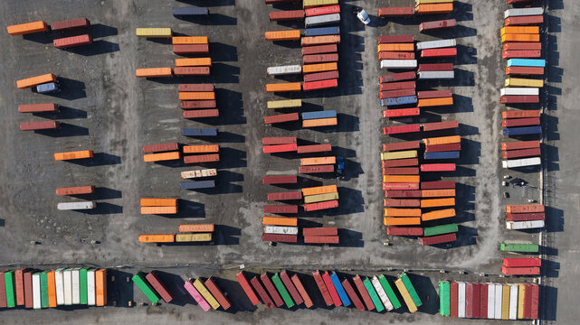 Aerial view of large number of colorful shipping containers at Port of Tacoma in washington state.