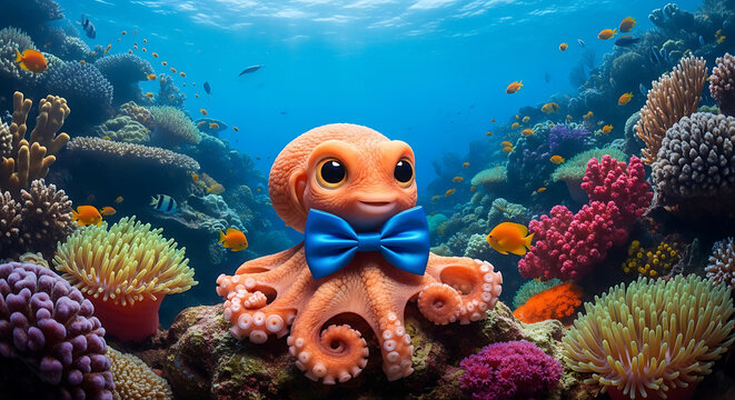 Cute Octopus Toy Underwater Scene with Bow.