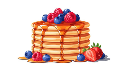 A stack of pancakes topped with mixed berries and syrup on a white background viewed from the side © Nasima