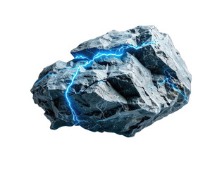 Fototapeta premium Gray rock, cracked by blue lightning, isolated on black background