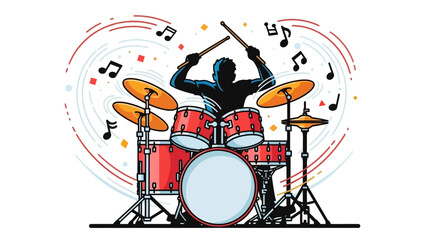A musician plays drums enthusiastically surrounded by vibrant music notes and dynamic lines in an illustration