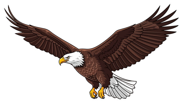 A majestic bald eagle in mid-flight, soaring through the air with wings outstretched, showcasing its sharp talons and distinctive white head