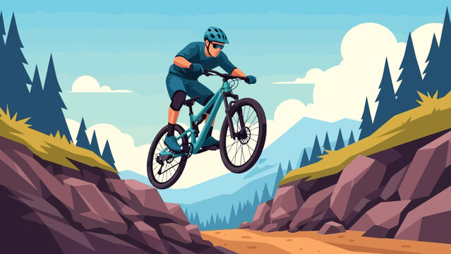 Mountain biker in mid-air, navigating rugged terrain with rocky cliffs and forest landscape in the background.