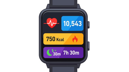 Fototapeta premium A smartwatch displaying health metrics including heart rate, calories burned, and exercise duration on a digital screen