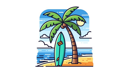 Obraz premium A surfboard stands against a palm tree on a sandy beach with a serene ocean view