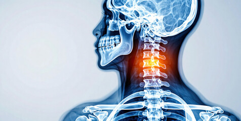 X-ray of human head and neck with highlighted spine
