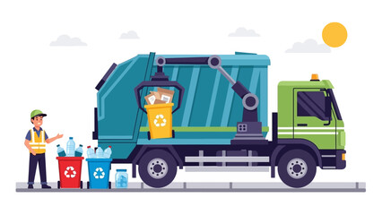 Fototapeta premium Worker Collecting Recyclables with a Garbage Truck on a Sunny Day