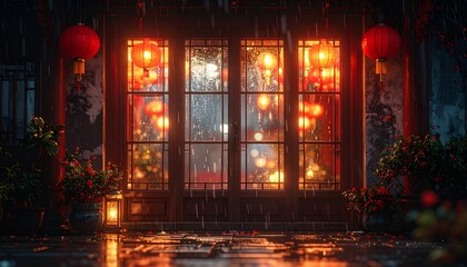 Obraz premium Ultra-realistic cinematic night photo of traditional Chinese window with warm light glowing from inside, red paper decoration silhouette, light rain outside, shallow depth of field, quiet festive atmo