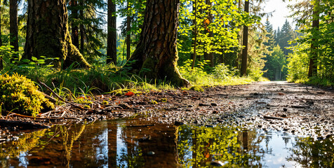 Serene Forest Path with Reflective Puddle and Tall Trees