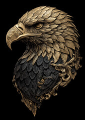 A majestic eagle head emerges with detailed feathers and stylized foliage, showcasing a unique mix of gold and black tones that create a powerful visual impact.