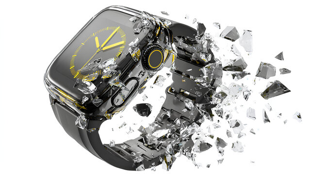 Falling smartwatch with shattered screen and broken strap, dynamic tech concept, isolated on a white background