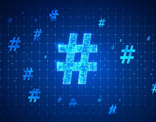 Digital graphic featuring vibrant blue glowing hashtags on a grid, suggesting network and social media elements