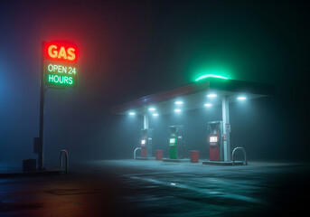 Lonely gas station at night in thick fog with glowing neon signs.