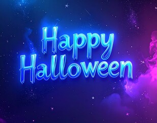 Neon blue "Happy Halloween" text against a starry, nebula-like background