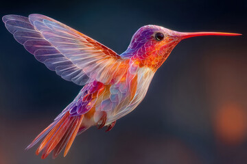 Fototapeta premium An artistic illustration of a hummingbird in flight, rendered in the style of a transparent glass or crystalline structure. 