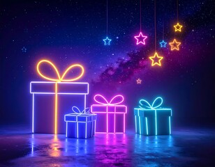 Neon lit gift boxes and stars beneath a vibrant starlit sky