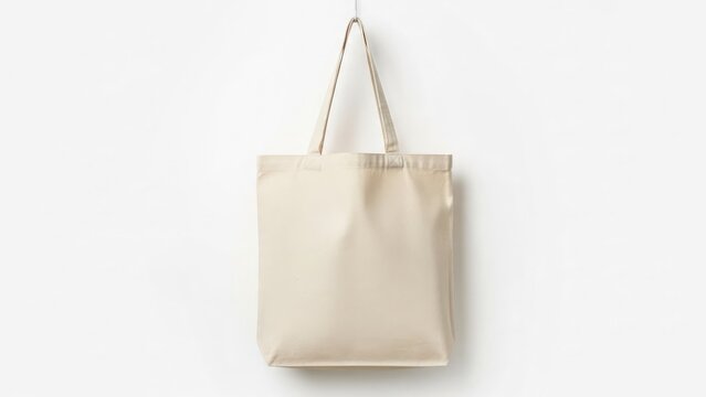 A white tote bag hanging from a hook on a plain white background