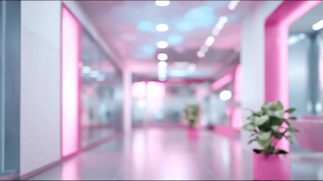 Blurred pink modern interior hallway background with bokeh effect and glass walls