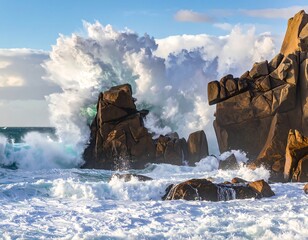 Oceanic rocks are struck by a powerful ocean wave under a bright blue sky