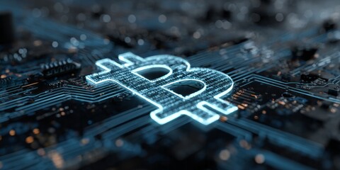 Digital currency symbol illuminates complex technology circuits with glowing data.