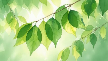 A serene branch with lush green leaves swaying gently in the breeze, captured from a close-up viewpoint.