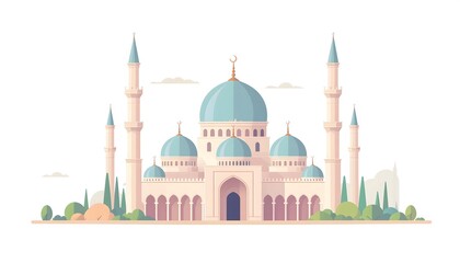 Pastel mosque illustration with domes and minarets