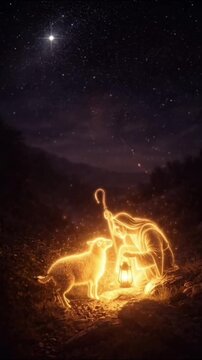 Jesus the Good Shepard seek lost sheep at night with copy space