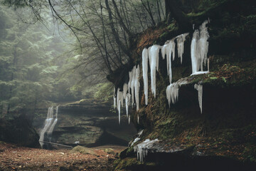 A waterfall in Hocking Hills during winter