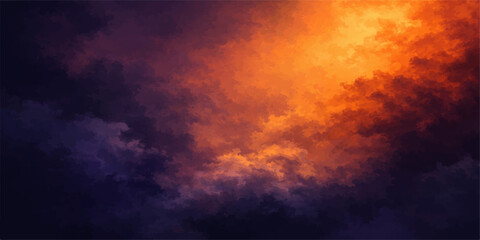 Naklejka premium Dramatic fire in the sky illuminates a dark storm cloudscape during a beautiful orange sunset where abstract smoke blends with natural light across the summer landscape