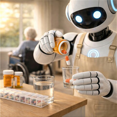 Friendly Humanoid AI Robot Preparing Medicine for Elderly Woman at Home