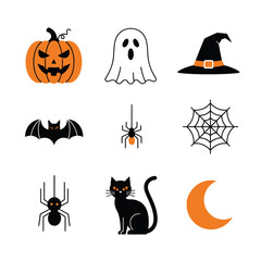 Obraz premium Halloween Icons Set: Pumpkin, Ghost, Witch Hat, Bat, Spiders, Web, Black Cat, Moon