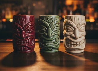 Three traditional tiki cocktail mugs in red, green, and beige colors, displayed on a wooden bar counter with warm, blurred background lighting.