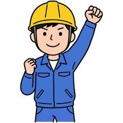 笑顔の建設作業員 黄色ヘルメットと作業服でガッツポーズする男女の土木工事の安全とチームワーク