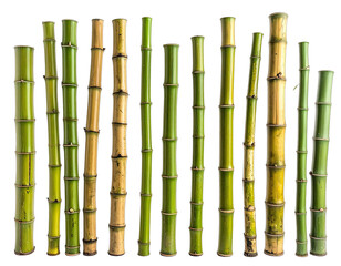 Obraz premium Close-up of multiple bamboo stalks, vibrant green and gold against a stark black background
