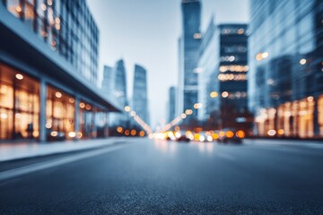 Fototapeta premium Blurry cityscape at dusk shows illuminated buildings and streetlights.