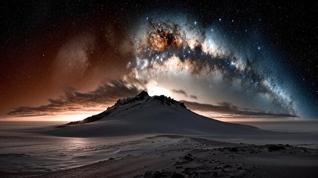 A serene time lapse of a starry night sky over a majestic mountain landscape in 4K at 24fps