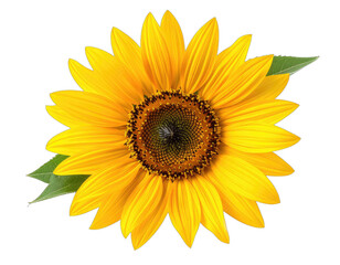 Fototapeta premium Close-up of a vibrant sunflower against a black background, with green leaves